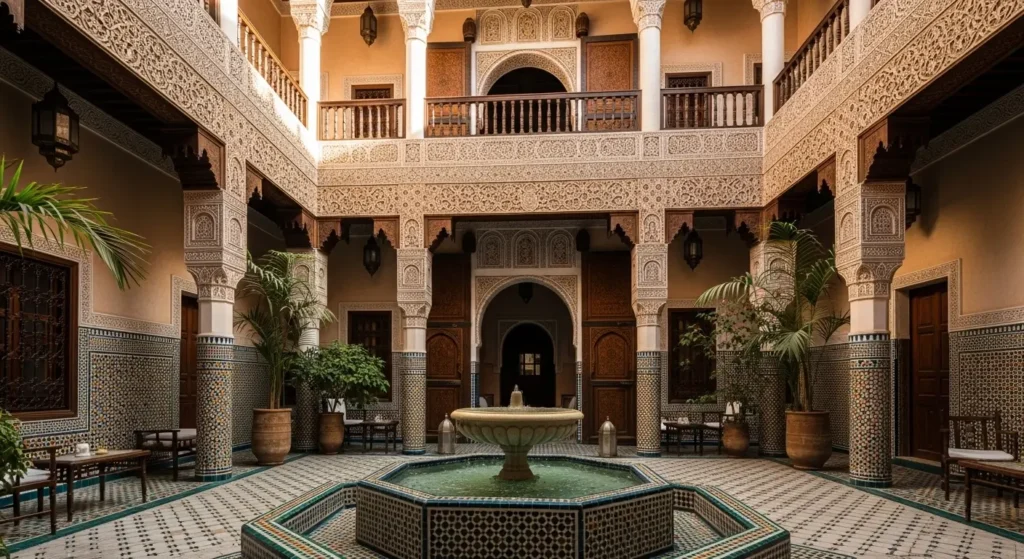 فناء داخلي لرياض مغربي تقليدي بأعمدة مزخرفة ونافورة مركزية