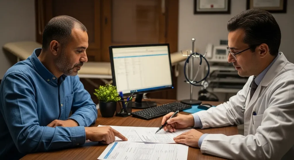 مريض مغربي يراجع وثائق التأمين الصحي مع طبيبه