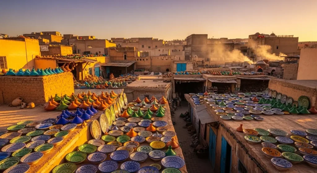 منطقة الفخارة في آسفي مع أواني الخزف الملونة تجفّ فوق الأسطح